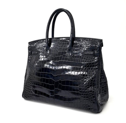 Rare Hermes Birkin 35 Black shiny crocodile leather Gold Diamond Hardware