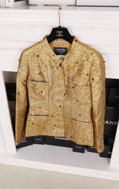 Chanel 1996 Runway gold Jacket with Colorful Gemstone and Glass Buttons