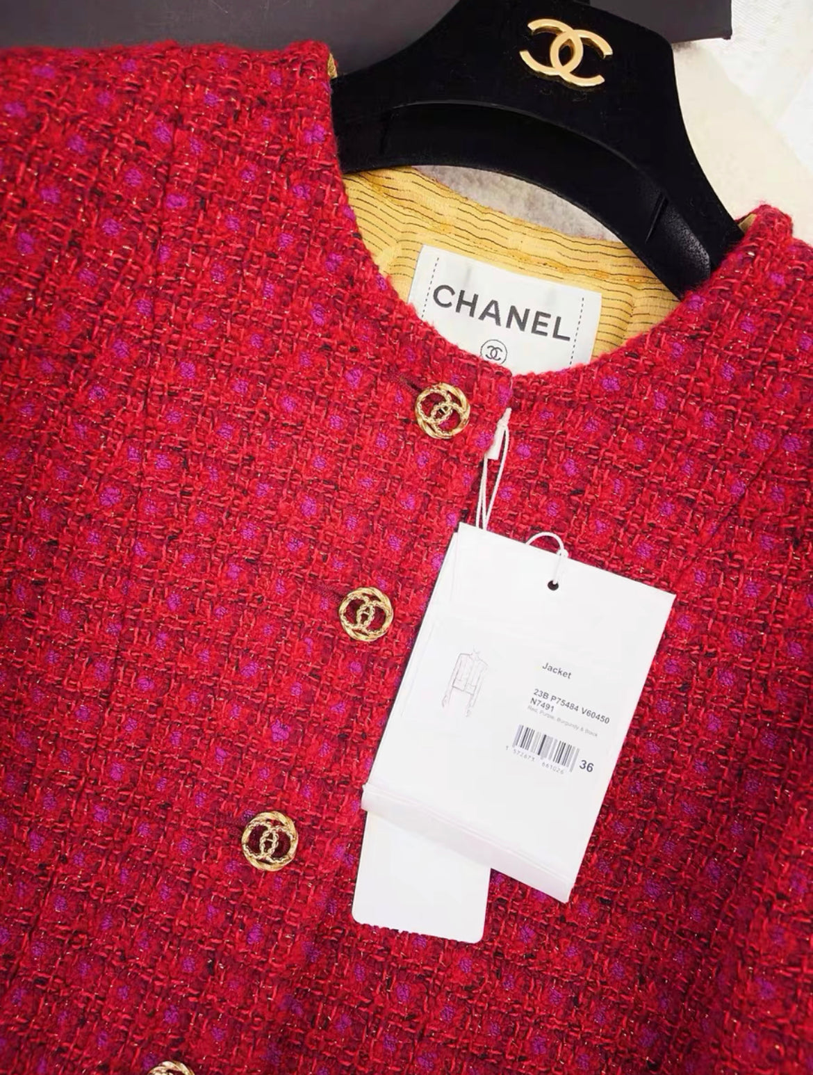 Chanel 23B Red, Burgundy Tweed jacket size 36