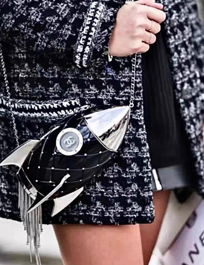 Chanel Limited Edition Plexiglass Crystal Rocket Ship Minaudière Clutch Black