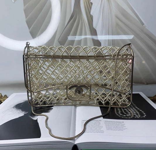 Rare Chanel Pearl Cage Classic Flap Bag Ivory Faux Pearls, Silk with Pale Gold-Tone Hardware