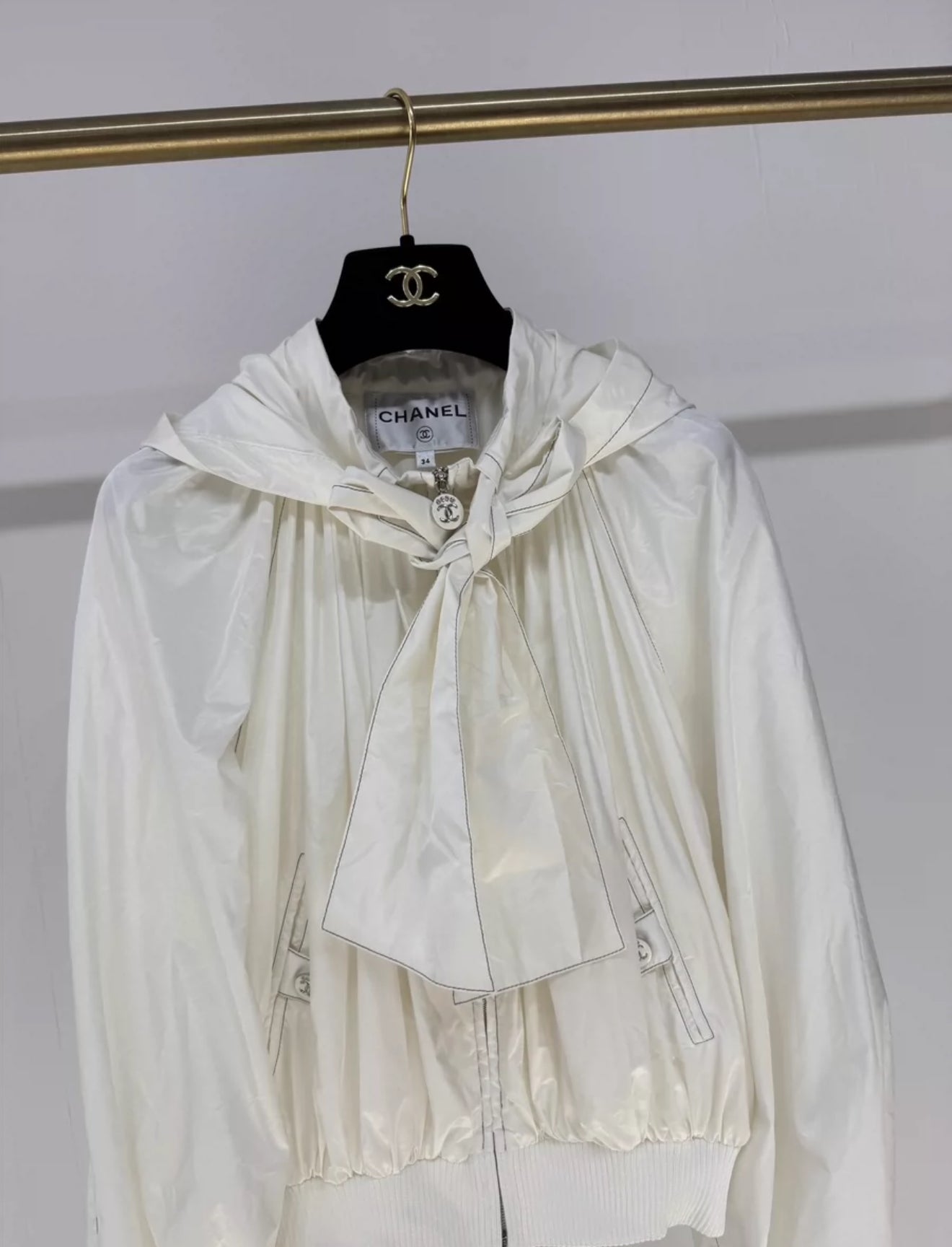 Chanel 25M coco beach white silk taffeta butterfly hooded