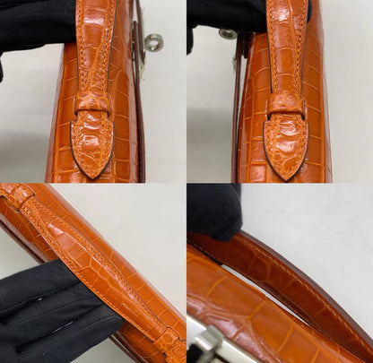 Hermes Kelly cut pain d’epice shiny crocodile porosus leather palladium hardware