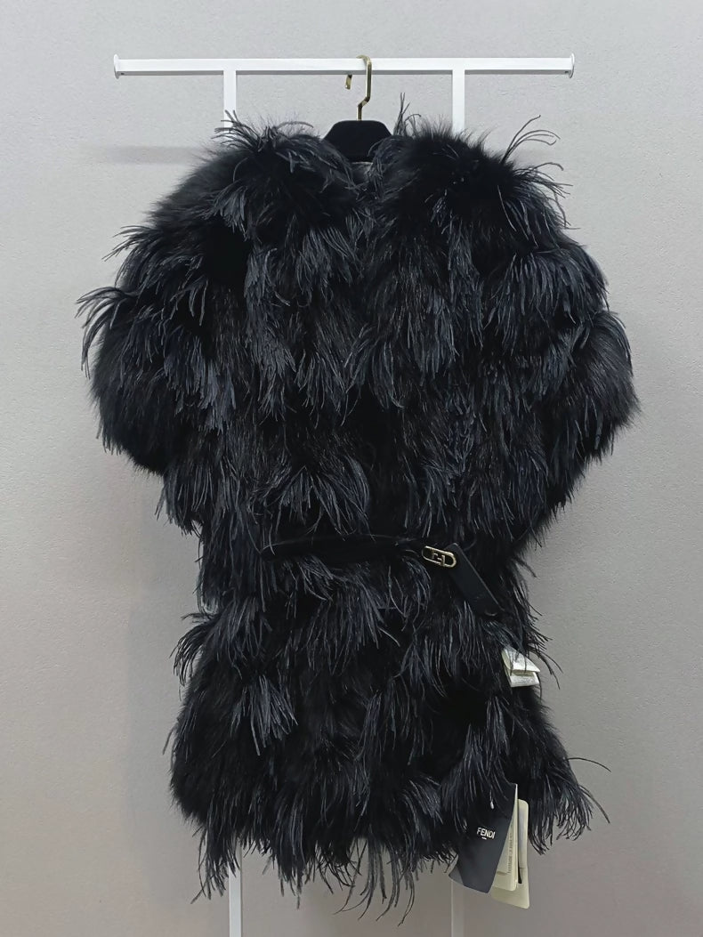 FENDI black fur coat with feather
