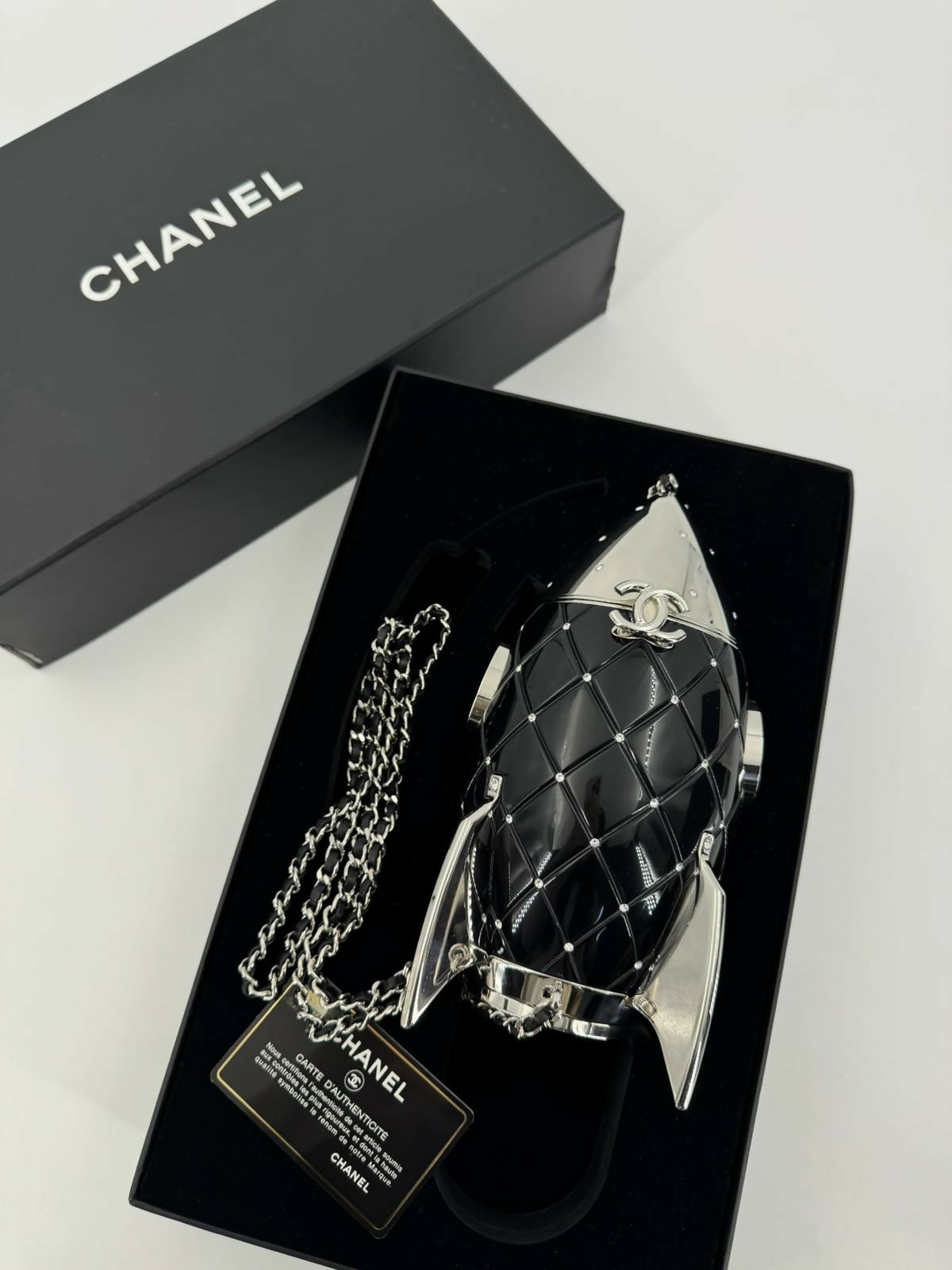 Chanel 2017 Plexiglass and Rhinestone Limited Edition Black Rocket Ship Minaudière Bag