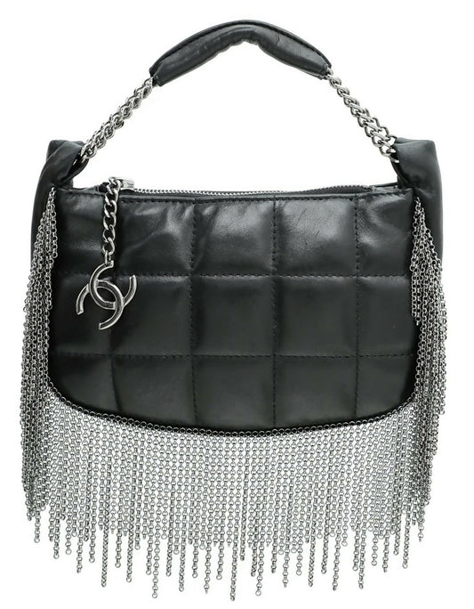 Rare Chanel 02A Mini Black Quilted Lambskin Silver CC Chain Fringe Bag