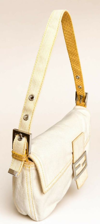 Vintage FENDI White Denim Baguett Bag with Yellow Python Trim