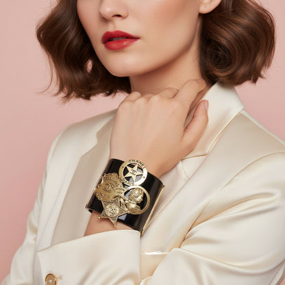 Rare Chanel 14A Paris Dallas Black Gold Wide Statement Cuff Bracelet