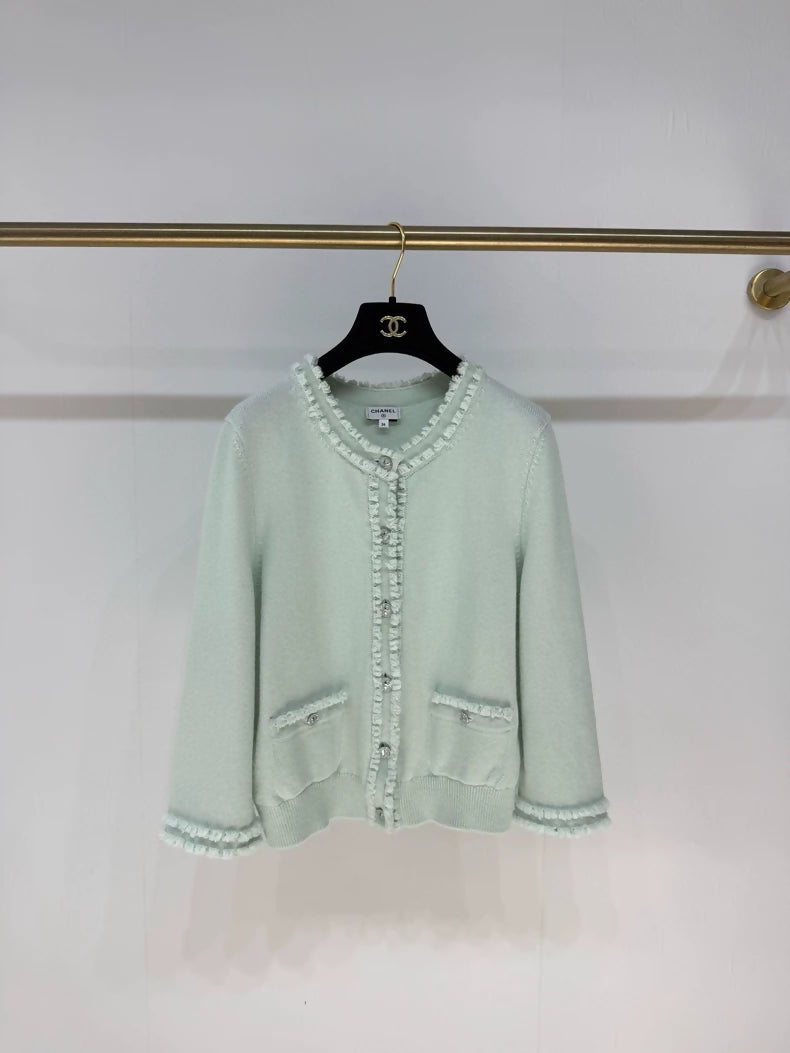 Chanel 25S mint green lace cardigan