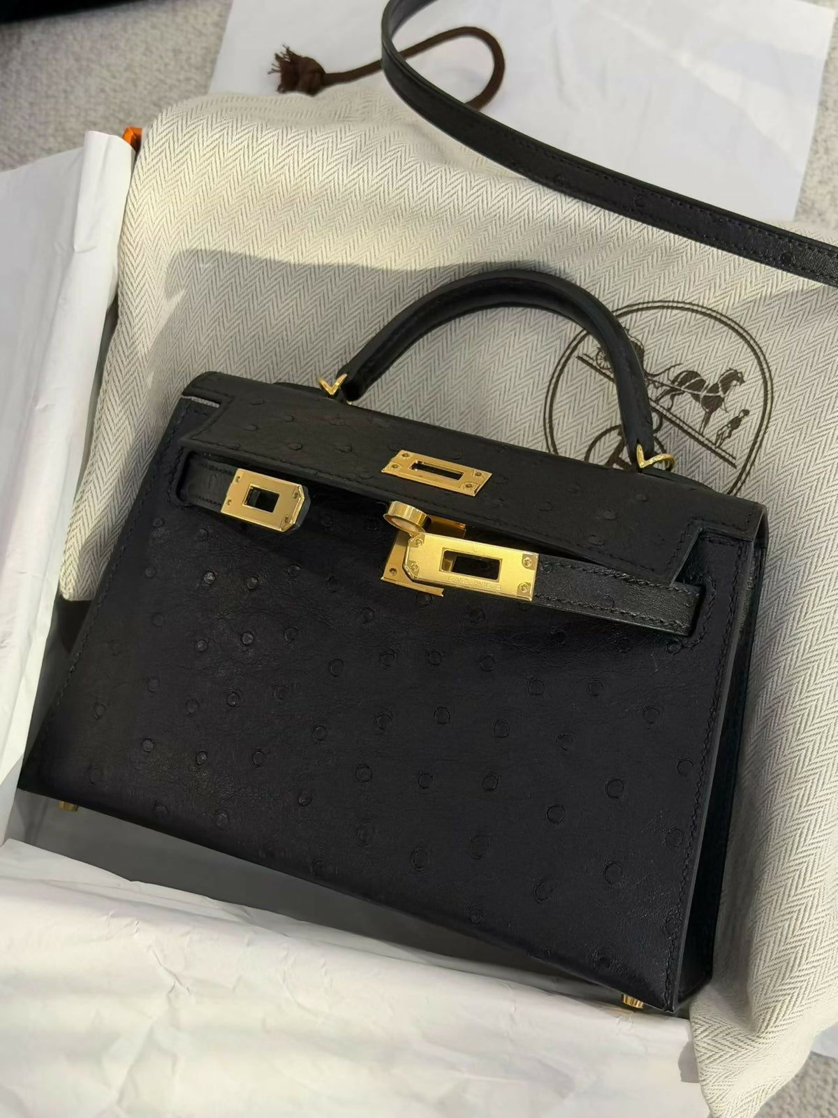 Hermès Mini Kelly II Noir / Black Ostrich Leather with Gold Hardware K Stamp