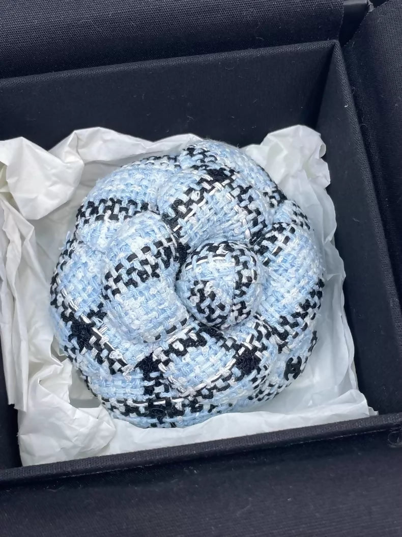 Chanel 25S Blue Tweed Camellia Brooch