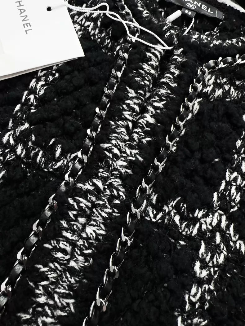 Chanel 19B black checkered chain-trimmed woven wool coat