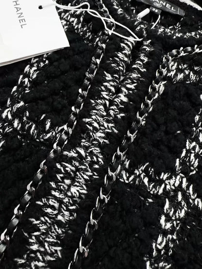 Chanel 19B black checkered chain-trimmed woven wool coat