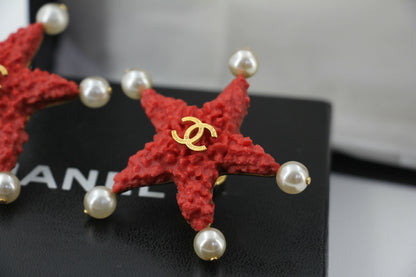 Chanel 93C Red Lava Imitation Pearls Gold Plated CC Starfish Earrings