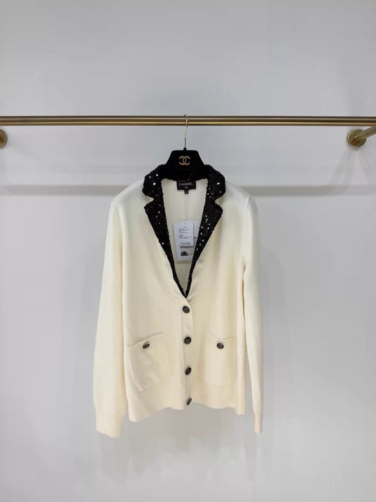 Chanel 23C ecru black sequined cardigan jacket