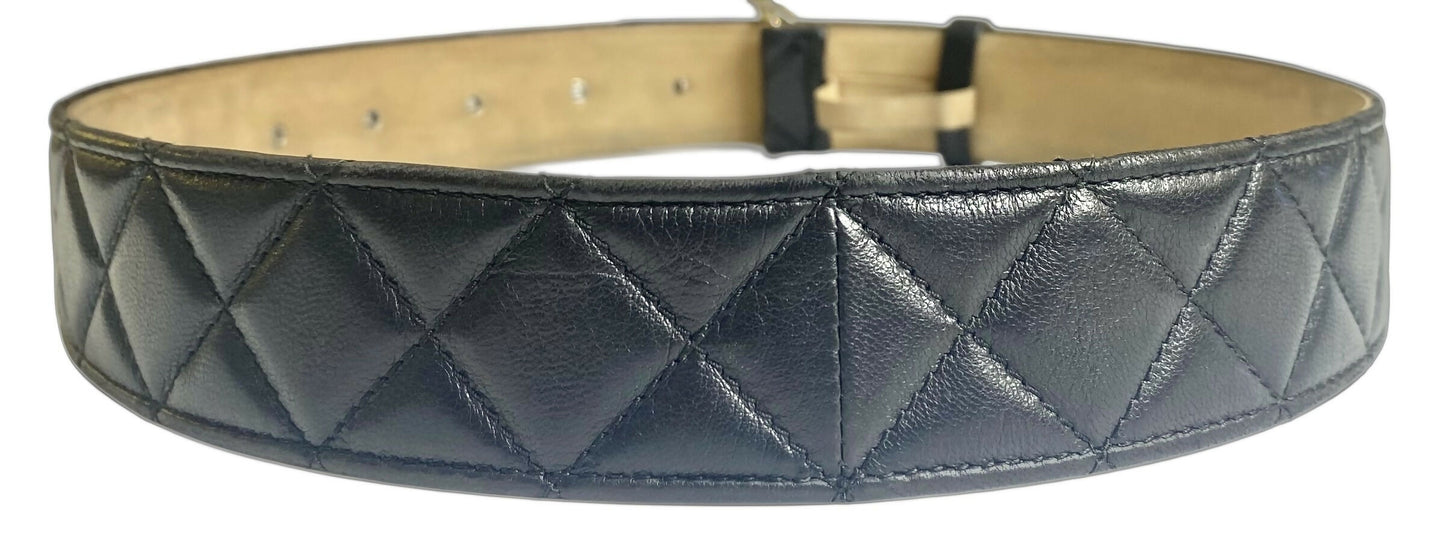Chanel 14A Black Quilted Lambskin Silver CC Logo Belt 80/32