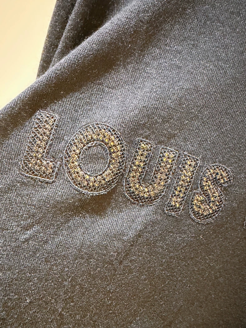 Louis Vuitton logo rhinestone embroidered black cashmere knit sweater