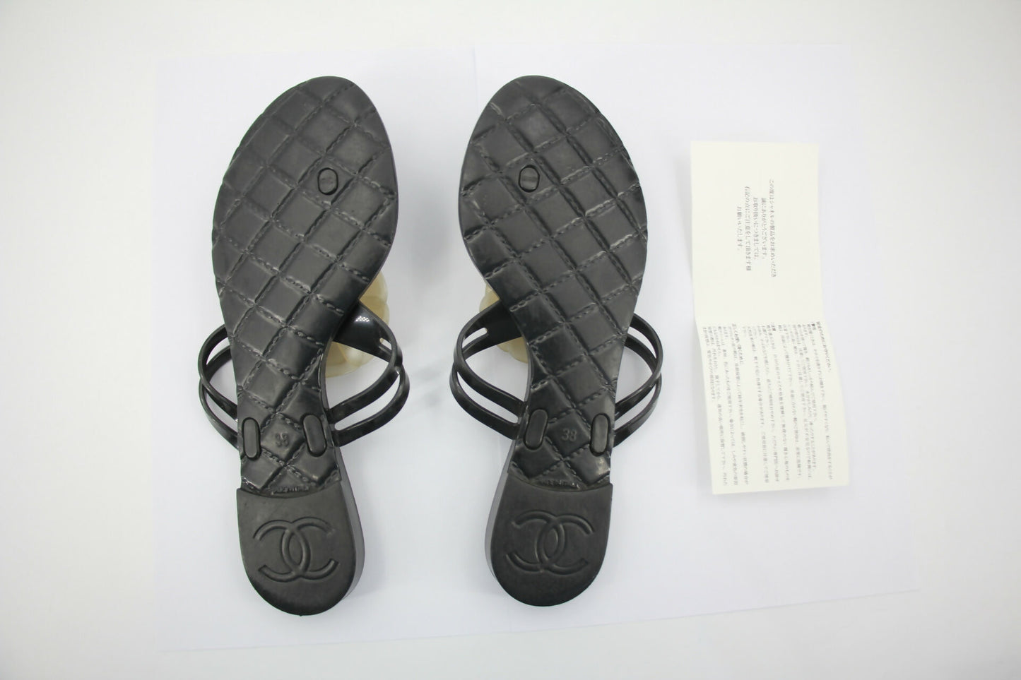 Chanel Rubber Black Leather Cream Camellia Sandals