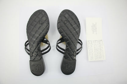 Chanel Rubber Black Leather Cream Camellia Sandals