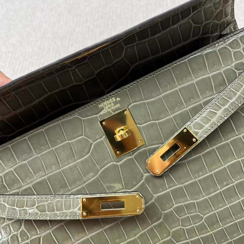Hermès Kelly 32 Gris Tourterelle Crocodile Gold - Wararni