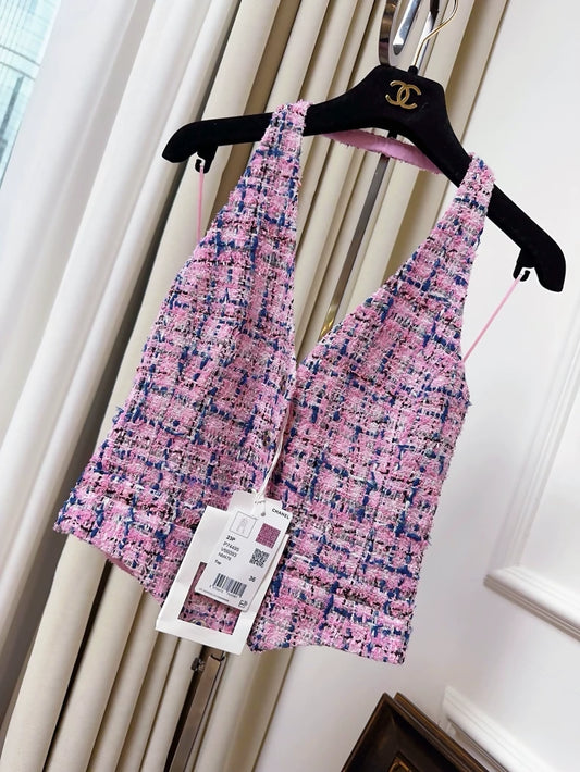 Chanel 23P Pink blue tweed vest
