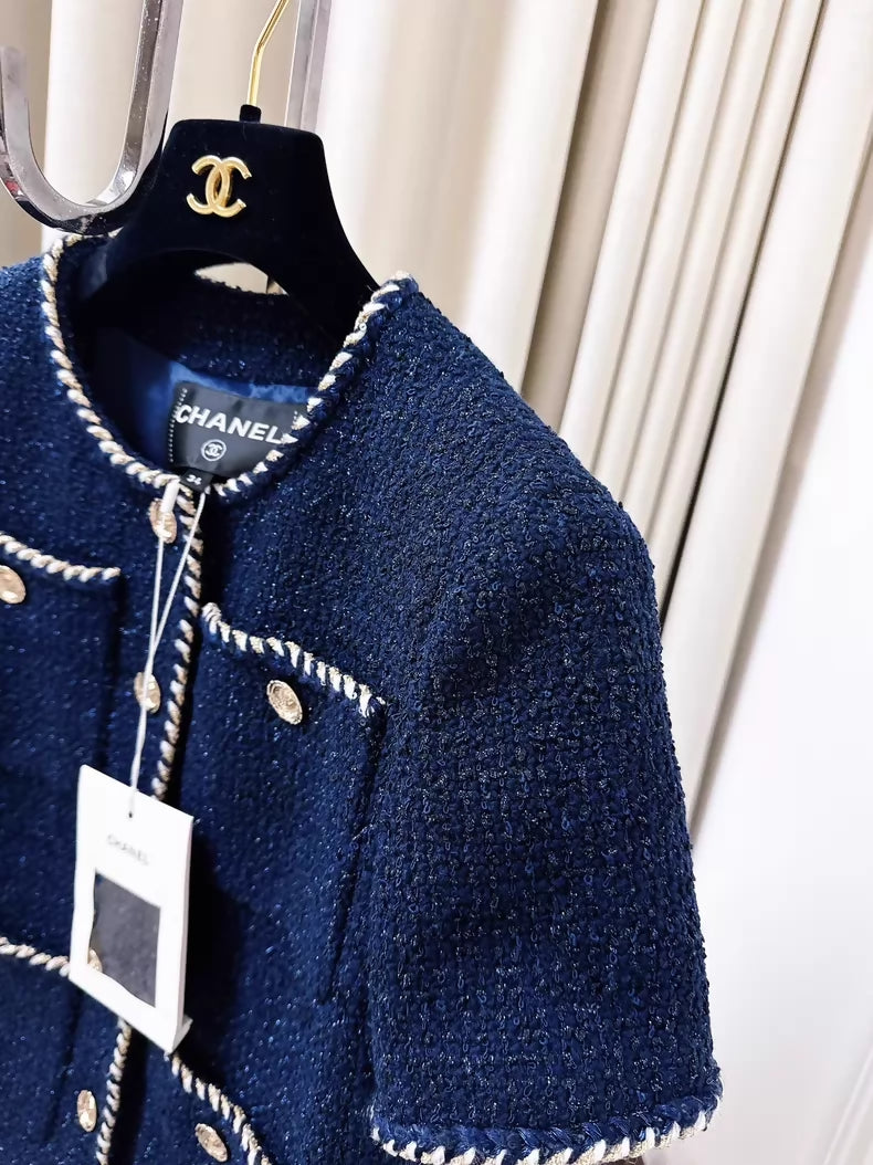 Chanel 25A navy blue tweed vest with fine shimmer and white gold trim