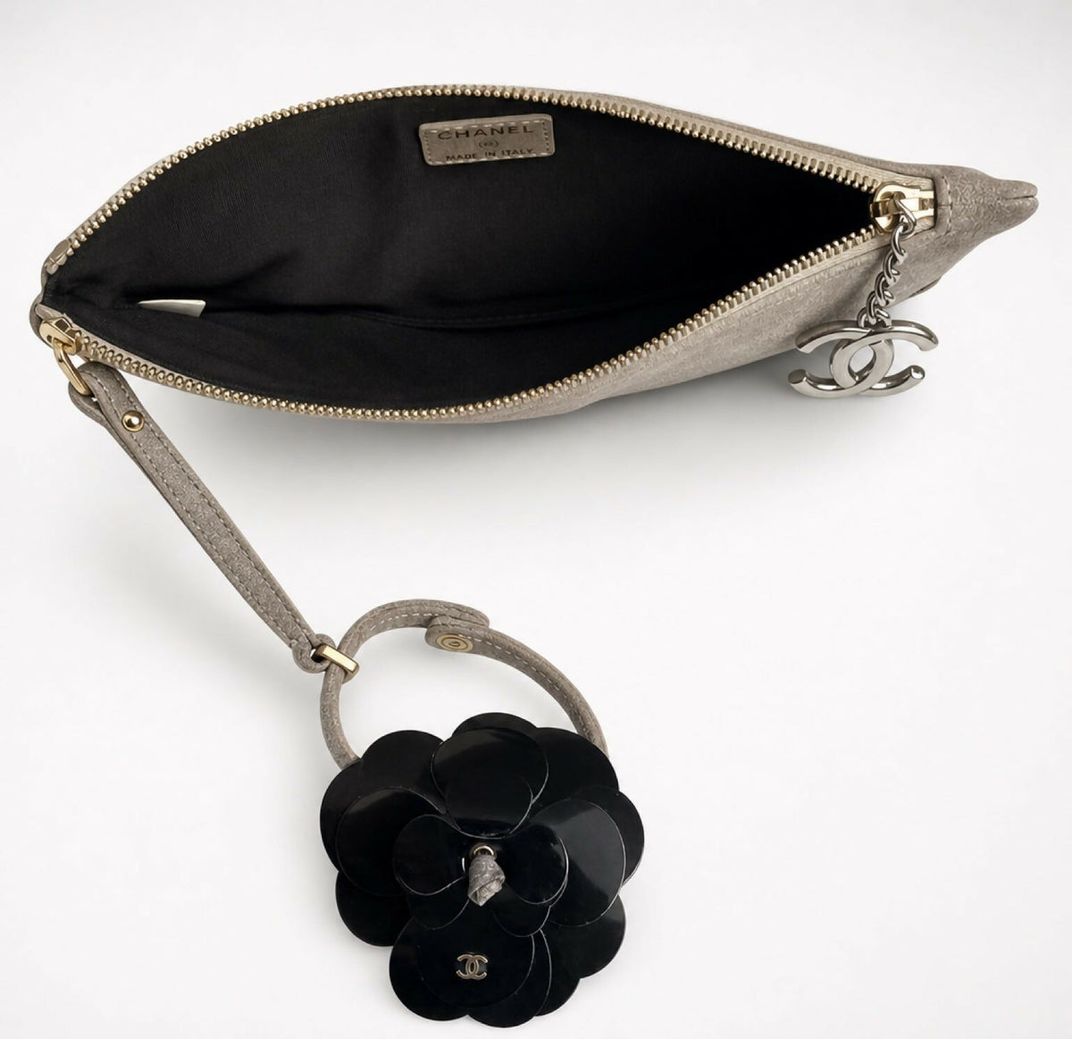 CHANEL TAUPE SUEDE LEATHER CAMELLIA BRACELET WRIST CLUTCH BAG