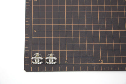 Chanel B18S Rhinestone Classic Silver CC Stud Earrings