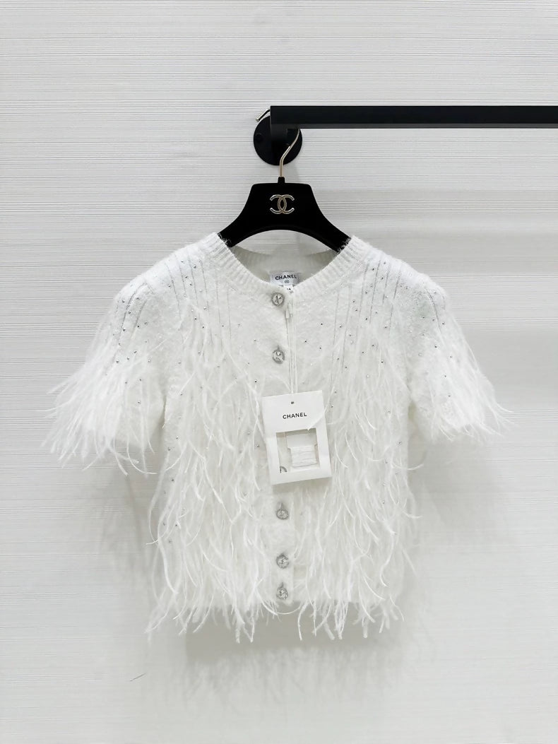Chanel 25S white feathers cardigan