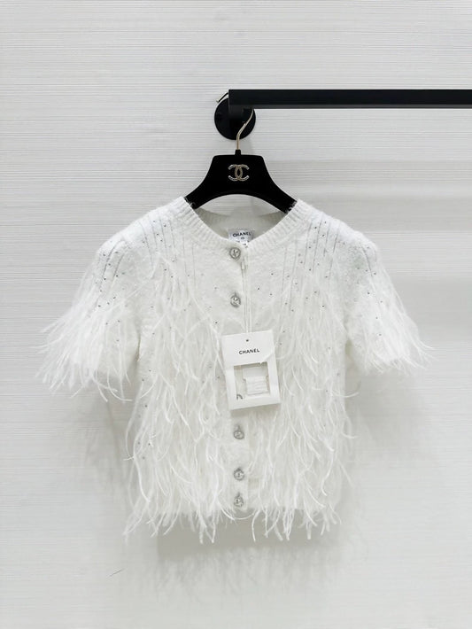 Chanel 25S white feathers cardigan