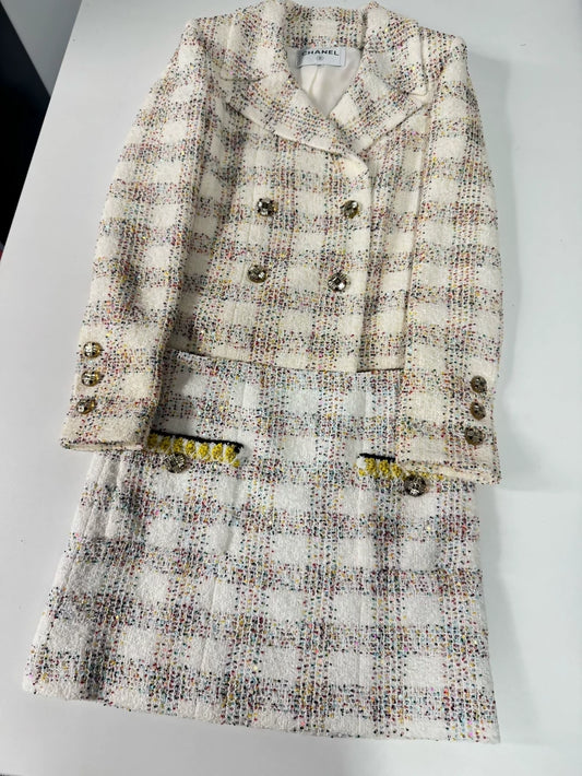 Chanel 24S iridescent écru tweed jacket & skirt