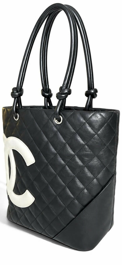 Chanel 2005 Black White Calfskin Quilted Medium Cambon Tote Bag