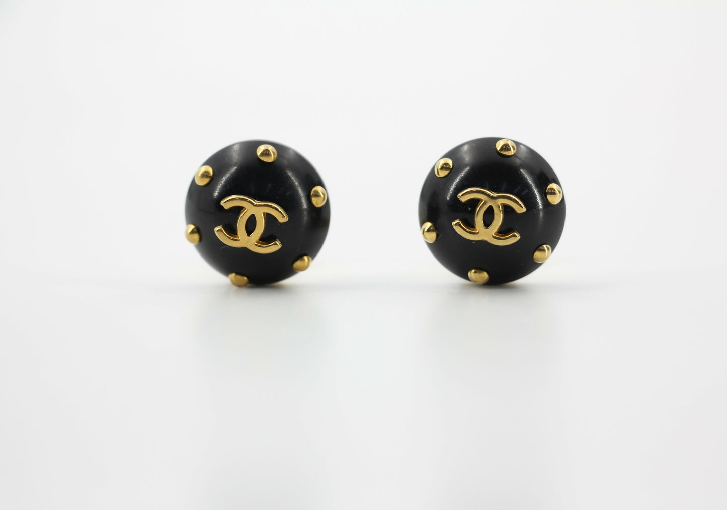 Chanel Vintage 96C Resin Black and Gold Polka Dot Clip-on Earrings