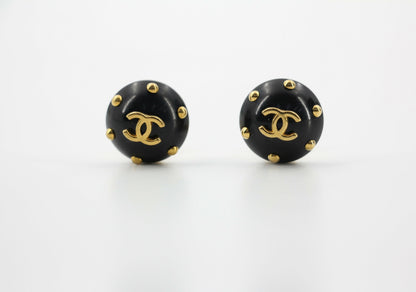Chanel Vintage 96C Resin Black and Gold Polka Dot Clip-on Earrings