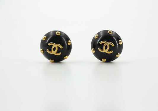 Chanel Vintage 96C Resin Black and Gold Polka Dot Clip-on Earrings