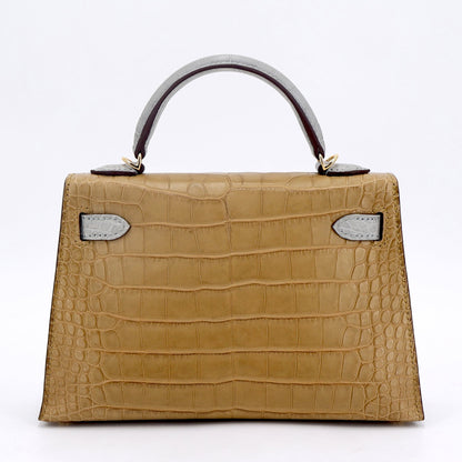 Hermes Mini Kelly 20 Gris Perle Kraft (2H) Matte Alligator Gold hardware