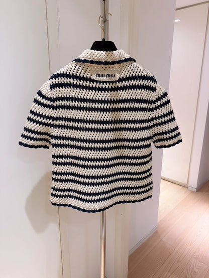 Miu Miu white and blue striped knit cardigan