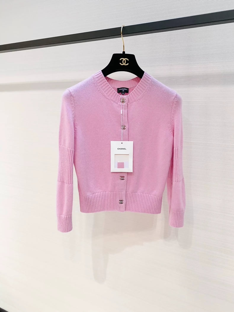 Chanel 24b pink cashmere knit cardigan