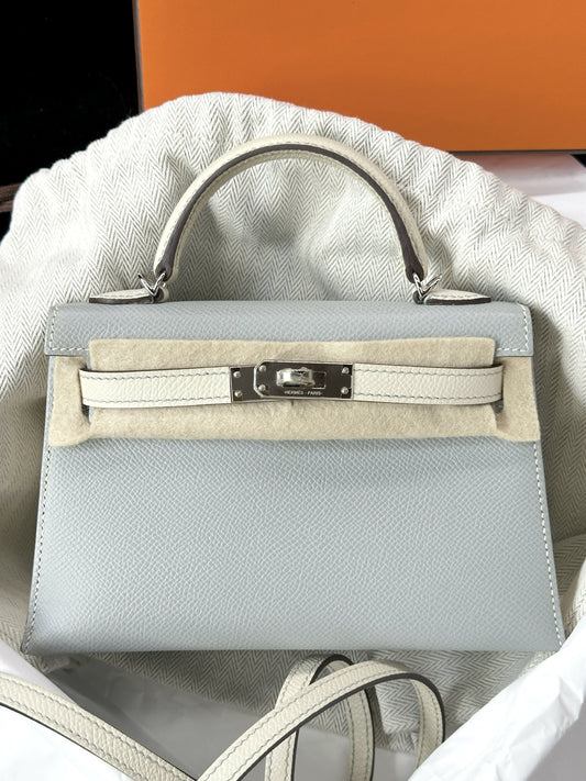 Hermès Mini Kelly 20 Bleu Brume / Nata Epsom with Palladium Hardware