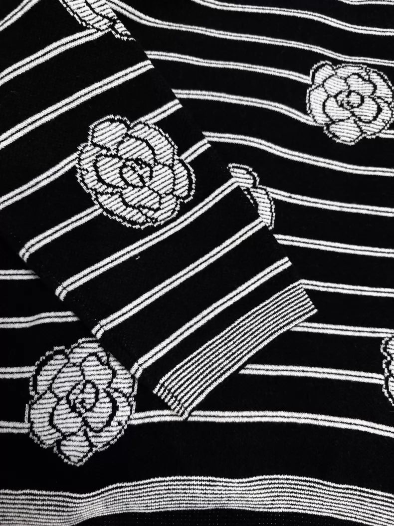 Chanel 23k black and white striped camellia double C logo knit sweater