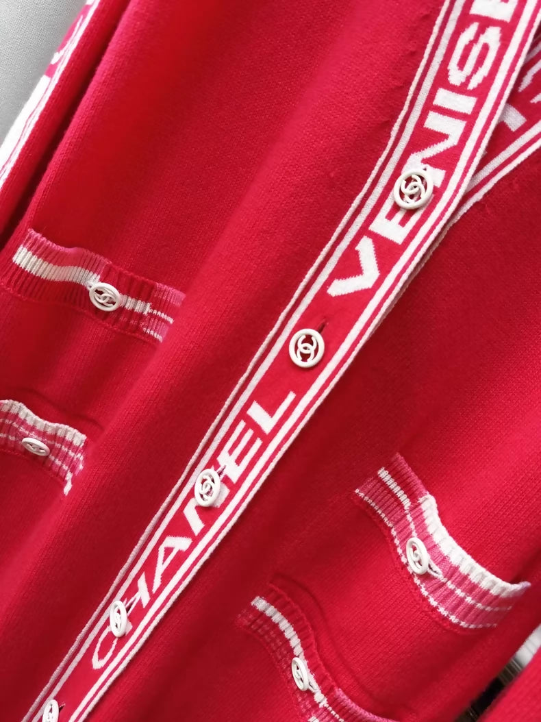 Chanel 20C Red Logo Long Knit Cardigan