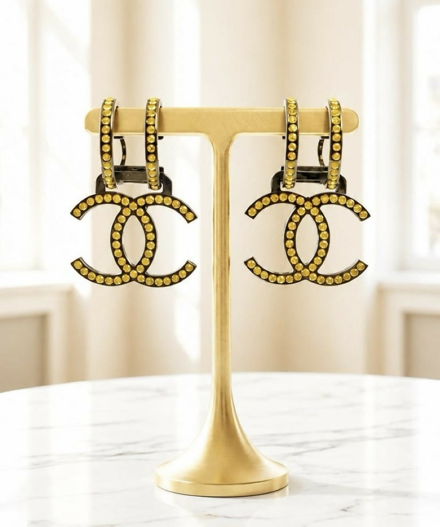 Chanel 17S Runway Yellow Crystal Oversized CC Clip On Statement Earrings