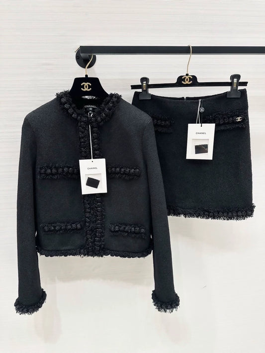 Chanel 26A black tweed jacket and skirt set