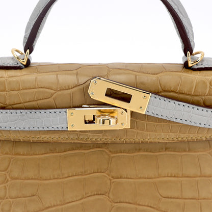 Hermes Mini Kelly 20 Gris Perle Kraft (2H) Matte Alligator Gold hardware