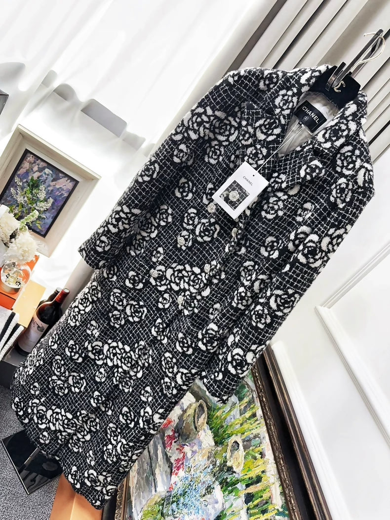 CHANEL 23K black and white camellia tweed long coat