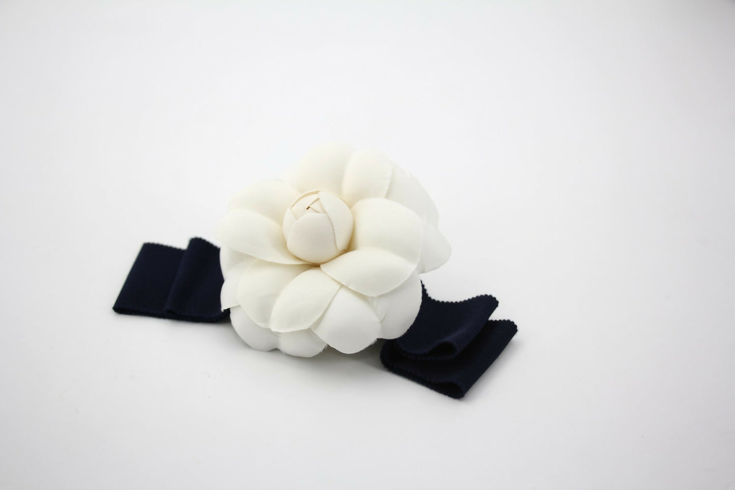 Chanel Vintage 81-85 Fabric Dark Blue Camellia Ribbon Brooch