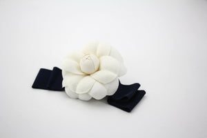 Chanel Vintage 81-85 Fabric Dark Blue Camellia Ribbon Brooch