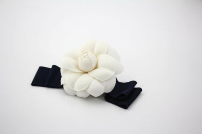 Chanel Vintage 81-85 Fabric Dark Blue Camellia Ribbon Brooch