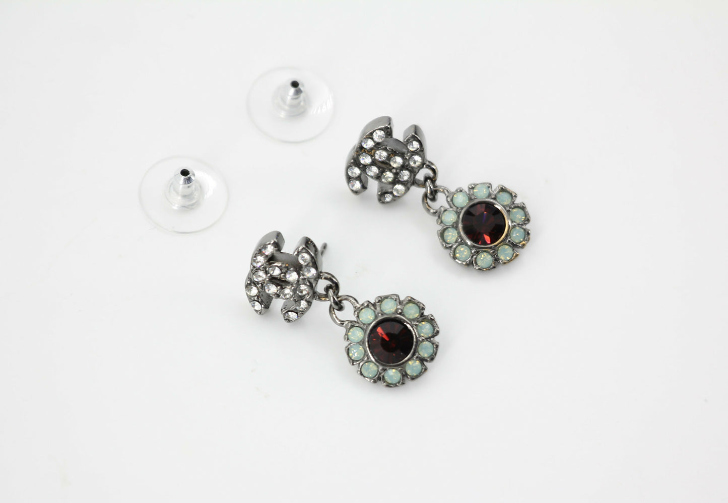 Chanel Vintage 05A Rhinestone Lake Green and Red Round Pendant Stud Earrings