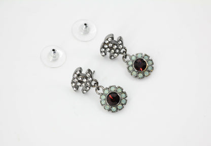 Chanel Vintage 05A Rhinestone Lake Green and Red Round Pendant Stud Earrings